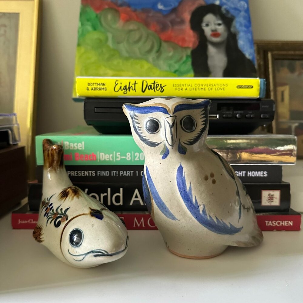 Vintage Tonala Mexico Ceramic Fish and Owl Poterry Decorative Ceramic Set